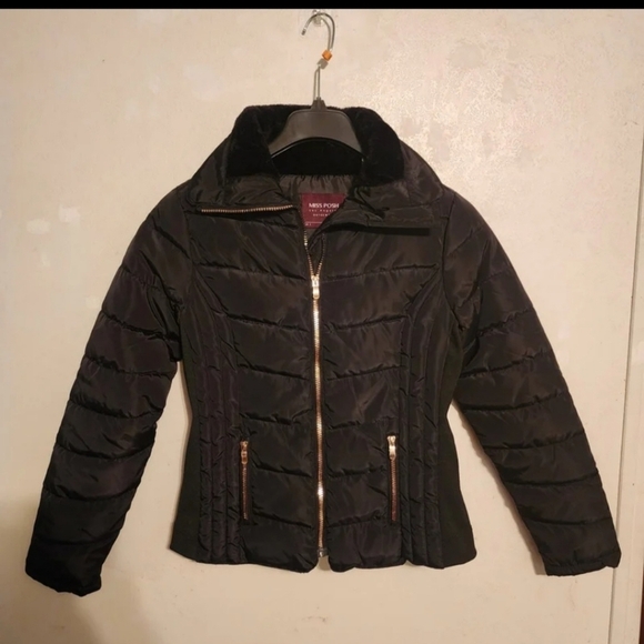 Miss Posh Black Puffer Jacket Faux Fur Collar Full Zip Size S - Picture 1 of 10